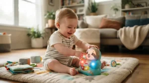 Baby sitting on a playroom rug interacting with sensory toys with tech for a 6 month old that glow with soft colored lights