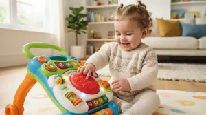 Infant pressing large colorful buttons on sensory toys with tech for a 6 month old to trigger musical chimes