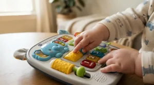 Close-up of baby hands exploring sensory toys with tech for a 6 month old featuring silicone ridges and soft fabric panels