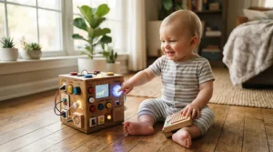 Infant playing with sensory toys with tech for a 6 month old combining natural wood frames and digital sound pads