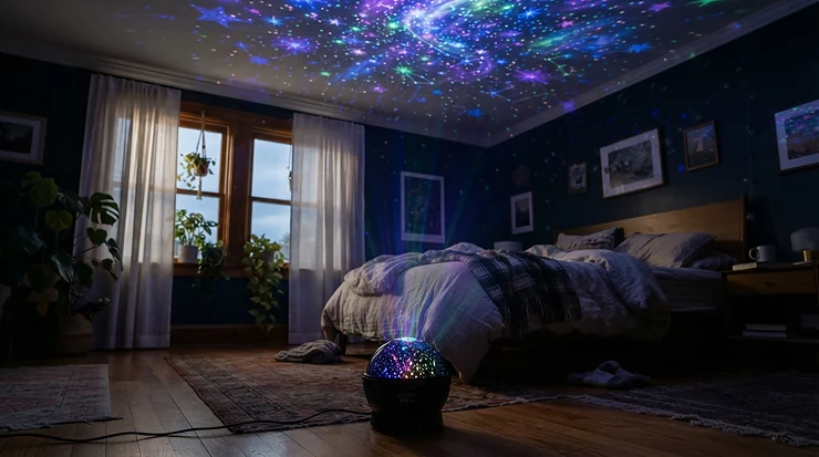 Floor projector acting as tech toys for newborns 0-6 months casting shapes onto the ceiling.