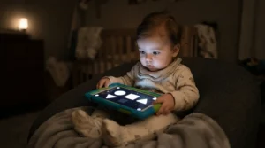 Infant gazing at tech toys for newborns 0-6 months with animated visual patterns.
