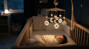 Motorized crib mobile functioning as tech toys for newborns 0-6 months with rotating lights.