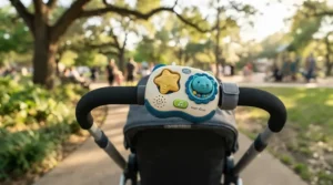 A portable device representing tech toys for newborns 0-6 months clipped onto a stroller canopy.