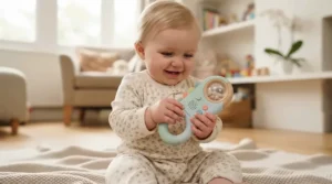 Baby holding safe tech toys for newborns 0-6 months designed for gentle sensory exploration.