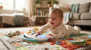 Baby experiencing developmental benefits while interacting with tummy time tech toys for infants