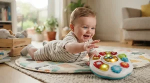 Baby building core strength using interactive tummy time tech toys for infants on a soft rug