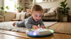 Engaged baby watching a glowing tummy time tech toys for infants entertainment center during playtime