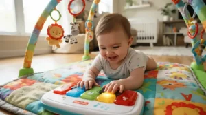 A baby exploring an interactive tummy time tech toys for infants mat featuring musical touch pads