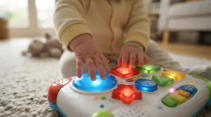 Close-up of a baby's hands touching a light-up panel on tummy time tech toys for infants