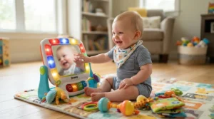 An infant smiling at a tummy time tech toys for infants mirror with sound effects on a nursery floor