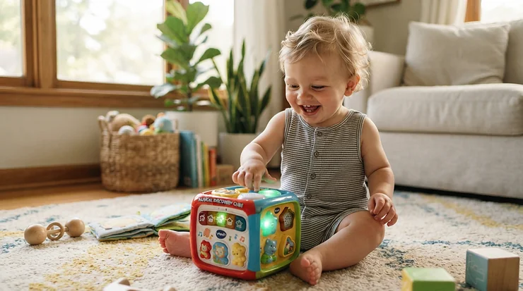 Infant listening to gentle melodies from tummy time tech toys for infants in the living room